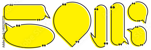 Quote box frame set. Blank quote boxes for text. Quotation bubble frame template with yellow background. Quote text in speech bubble. Quote bubble testimonial banners. Text in brackets.