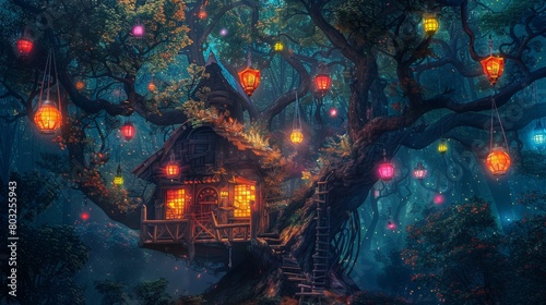 Magical treehouse with twinkling lights set in a mystical forest