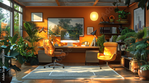 An home office with a large desk, two chairs, a rug, and many plants. The walls are orange and the floor is white. There is a large window that lets in natural light.