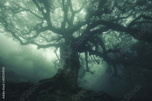 wise old tree in misty forest gnarled branches and lush foliage cycles of life and death moody nature concept