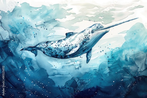 A watercolor painting of a narwhal swimming in the ocean. Suitable for marine life themes photo