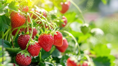 Ripe strawberries growing on the plant in the garden  closeup view