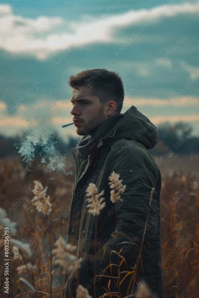 A man standing in a field smoking a cigarette. Suitable for lifestyle and outdoor activities themes A man standing in a field smoking a cigarette. Suitable for lifestyle and outdoor activities themes