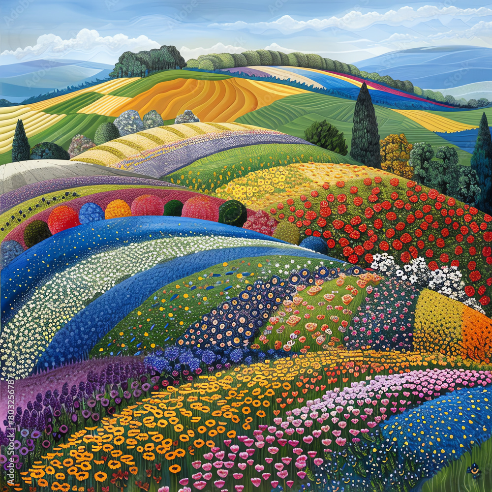 The vibrant colors of the flowers in the foreground contrast with the soft, muted tones of the hills in the background