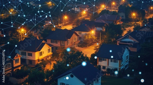 Aerial view of digital connections between houses in suburban neighborhood at night