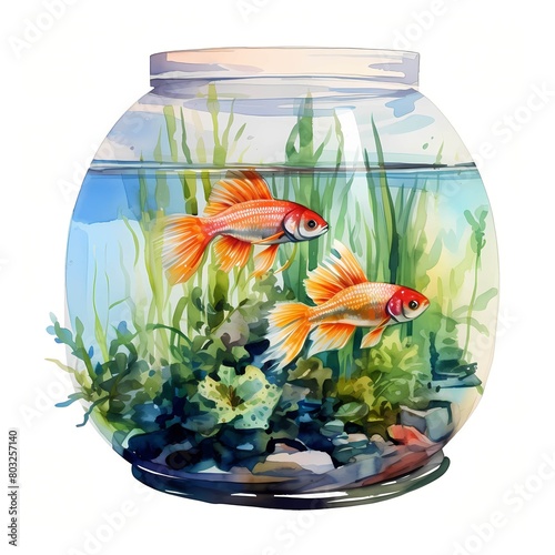 Aquarium. Aquarium in jar. Tropical fish clipart. Watercolor illustration. Generative AI. Detailed illustration.
