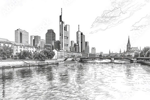 Detailed black and white drawing of a city skyline. Suitable for urban themes