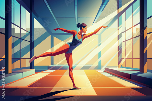 Ballerina performs an elegant pose in a brightly lit dance studio