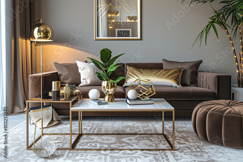 A luxurious living room featuring a contemporary design with a mocha brown velvet sofa, a modern coffee table, a chic pouf, gold decor that stands out, a decorative plant, a sleek lampresolution. photo