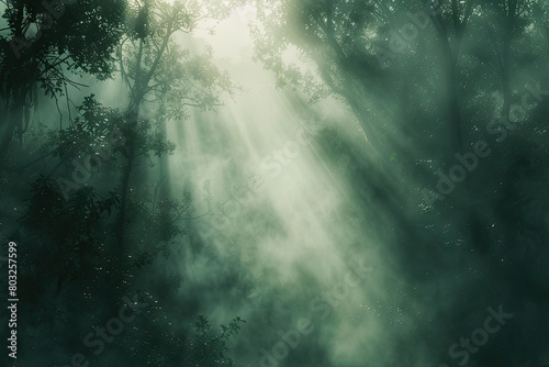 Foggy Forest Frame: a misty branches of trees in a foggy forest, adding an ethereal and mysterious quality to the composition. © ebhanu