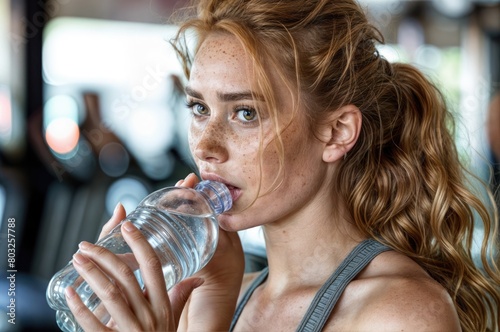 Fitness Hydration: Woman Drinking Water in the Gym During Workout, Emphasizing the Importance of Hydration for an Active Lifestyle.