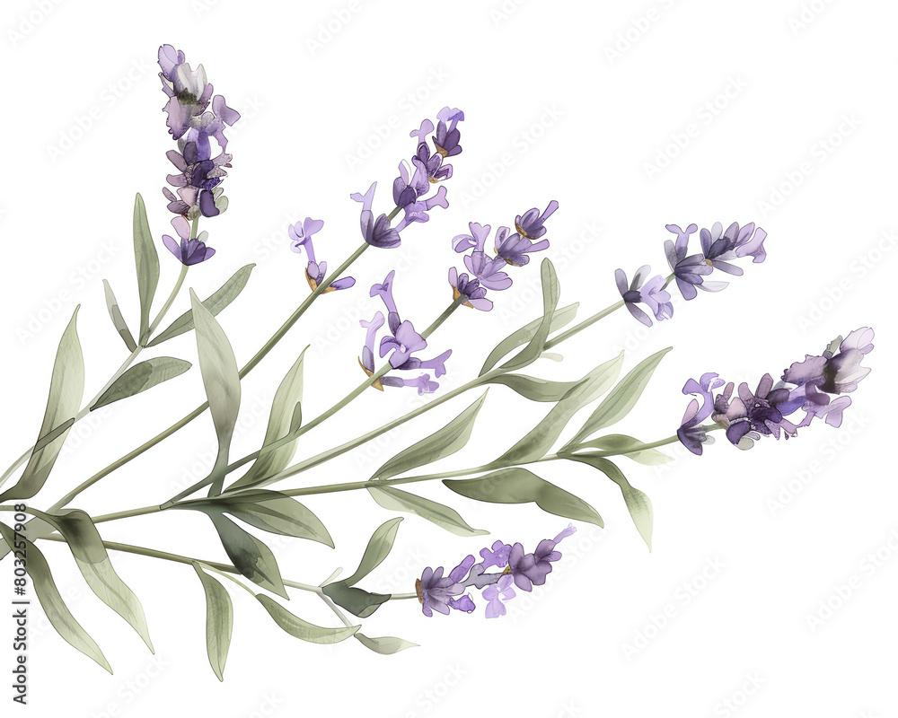 Obraz premium Delicate purple watercolor botanical illustration of lavender sprigs, soft and serene, perfect for a calming theme