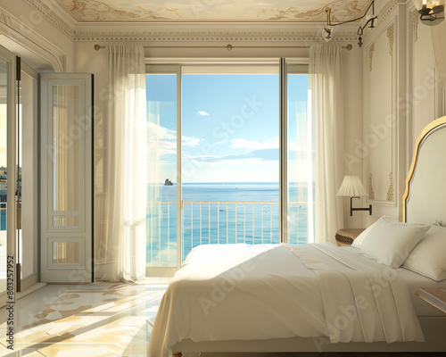 Elegant seaside hotel room in Italy, with panoramic ocean views from an open balcony, luxurious summer getaway