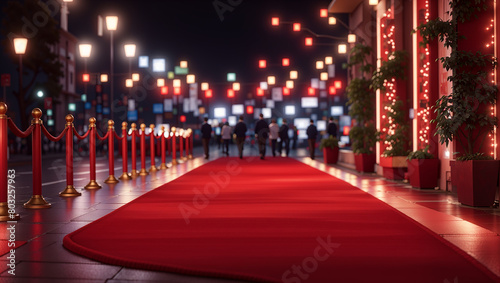 A red carpet lit by candles on both sides with people walking 
