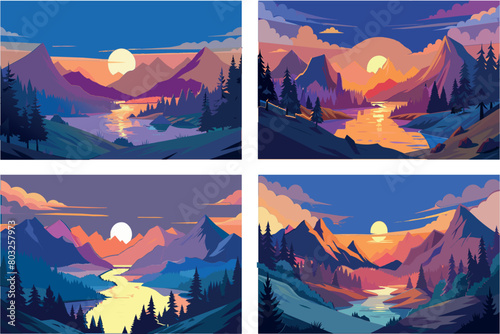 Four stylized illustrations depicting seasonal sunset scenes in the mountains