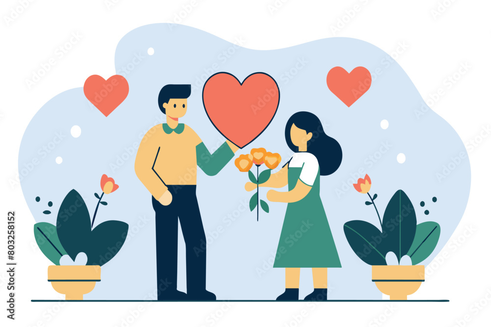A man offers a bouquet to a woman, hearts symbolizing love aloft A man offers a bouquet to a woman, hearts symbolizing love aloft