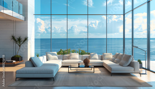 Sleek modern living room interior  floortoceiling windows with unobstructed sea views  serene and stylish