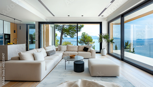 Spacious living room with a comfortable couch, floortoceiling windows overlooking the sea, modern coastal vibe