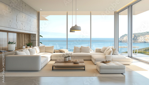Spacious living room with a comfortable couch  floortoceiling windows overlooking the sea  modern coastal vibe