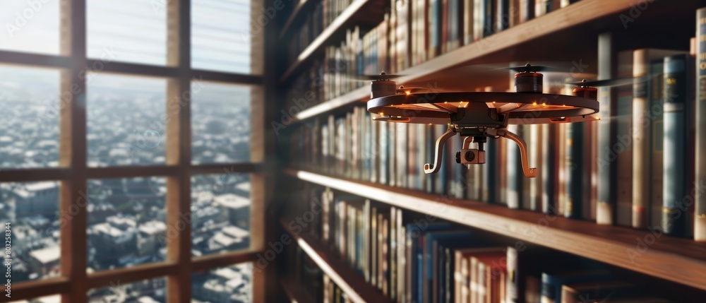 A steampunk drone flies through a library A steampunk drone flies through a library
