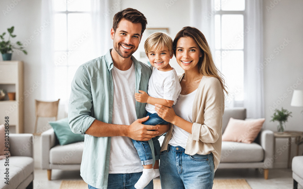 Photo of a happy modern family in a spacious, bright living room. Dad, mom and child. Smiling, wearing plain clothes in pastel colors. Photo of a happy modern family in a spacious, bright living room. Dad, mom and child. Smiling, wearing plain clothes in pastel colors.