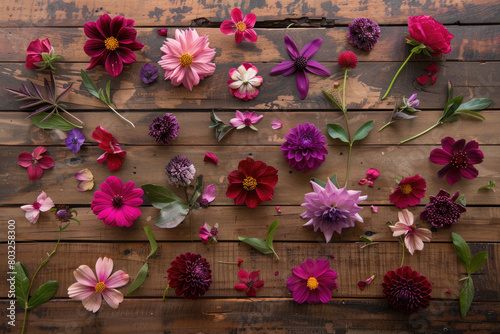flowers on wooden background flat lay with copy space