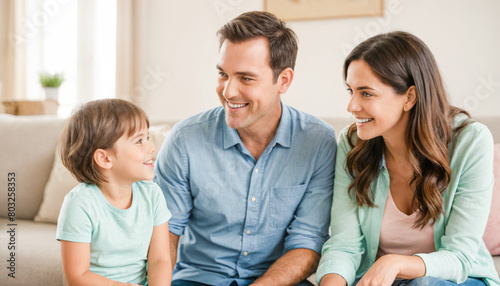 Photo of a happy modern family in a spacious, bright living room. Dad, mom and child. Smiling, wearing plain clothes in pastel colors.