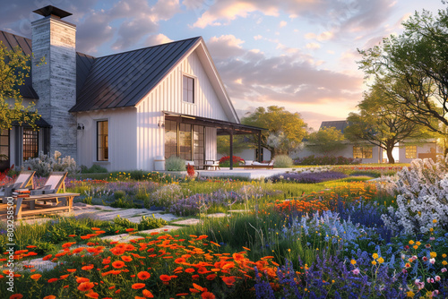A countryside home in farmhouse style, embraced by wildflowers and a garden with spring blooms, illuminated by morning light.