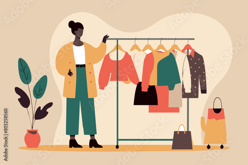 Woman selecting an outfit from a clothing rack