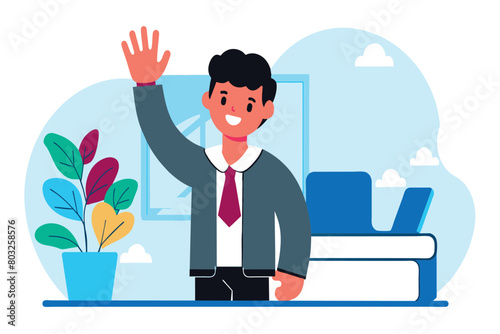 A smiling man waves a greeting indoors