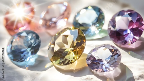 Brilliant Colored Gemstones Shimmering in Radiant Sunlight on White Background