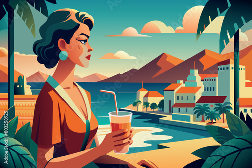 A stylish lady enjoys a refreshing beverage by a coastal village at dusk