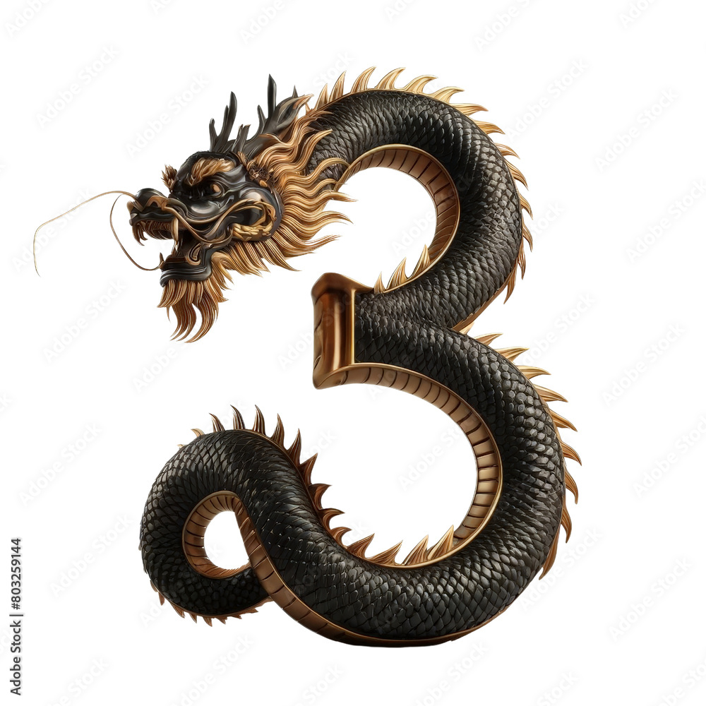 Fototapeta premium A dragon with a long tail and a gold head is sitting on a white background, isolated on a transparent background.