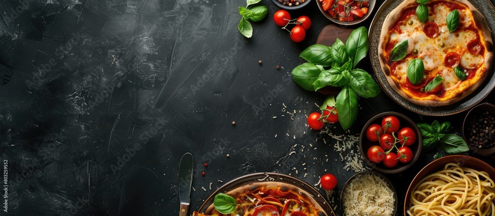Italian cuisine on a dark backdrop featuring pasta and pizza from a top angle with empty space for text.