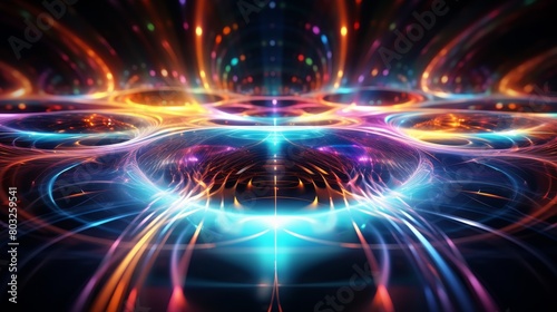 Abstract hyper-realistic depiction of sound energy, cymatics close-up, soft glow, high angle, spectrum of bright colors, Psychedelic funk art style