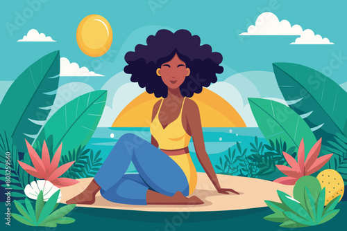 A woman enjoys a peaceful moment on a beach at sunset