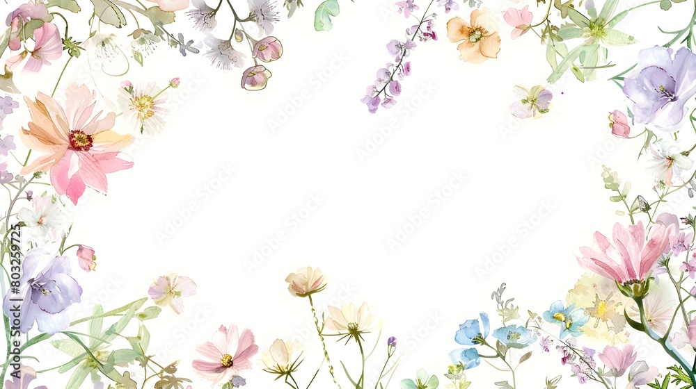 Delicate Floral Frame with Soft Pastel Watercolor Wildflowers on White Background for Note Cards or