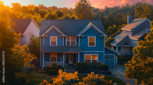 A serene cerulean blue house with siding  nestled within a vibrant suburban lot  illuminated by sunlight.