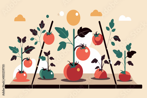 Stylized drawing of ripe tomatoes on plants with a warm backdrop