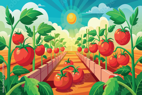 Rows of red tomatoes basking in the sunlight