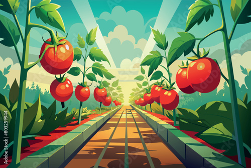 Ripe tomatoes on vines in a bright, greenhouse setting