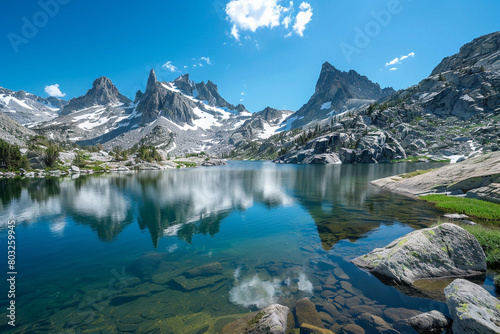 A serene lake nestled among rugged, snow-capped mountain peaks, reflecting the clear blue sky.