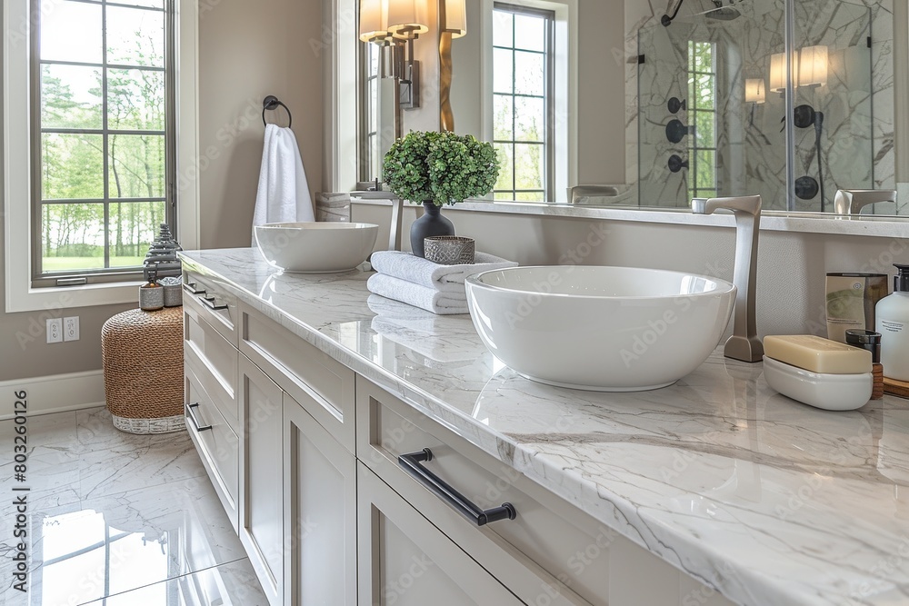 Fototapeta premium A modern elegant bathroom featuring a marble countertop with two white sinks, towels, and a basket in the corner