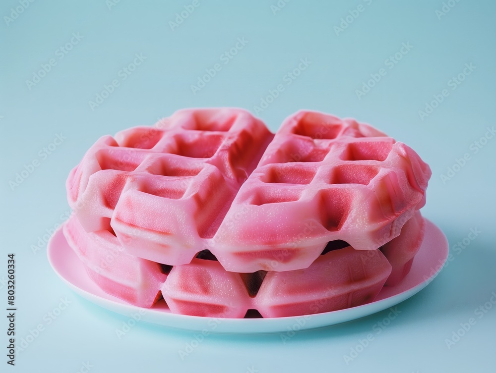 A waffle with pink frosting on top of a white plate