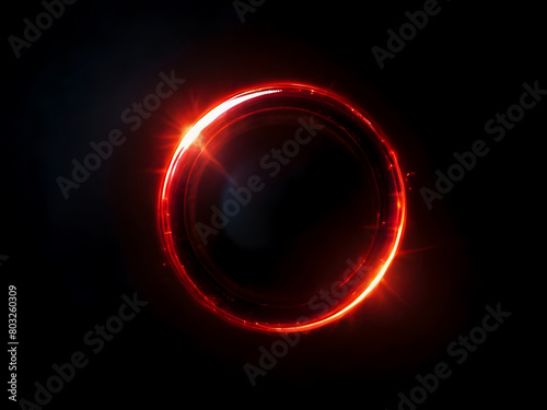 Round red lens flare on black background. Overlay light effect