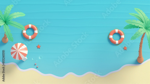sea       background with palm trees  rubber swimming rings  sand and water