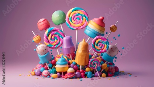 Golosinas festivas: una escena mágica con lollipops y ice pops vibrantes en una ilustración 3D caprichosa y soñadora. photo