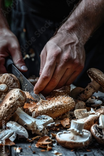 A person slicing mushrooms on a table. Suitable for food blogs