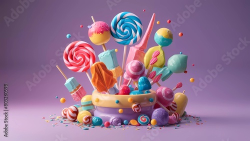 Escena mágica: ilustración 3D de lollipops y ice pops en un diseño caprichoso, vibrante y soñador, flotando en el aire. photo