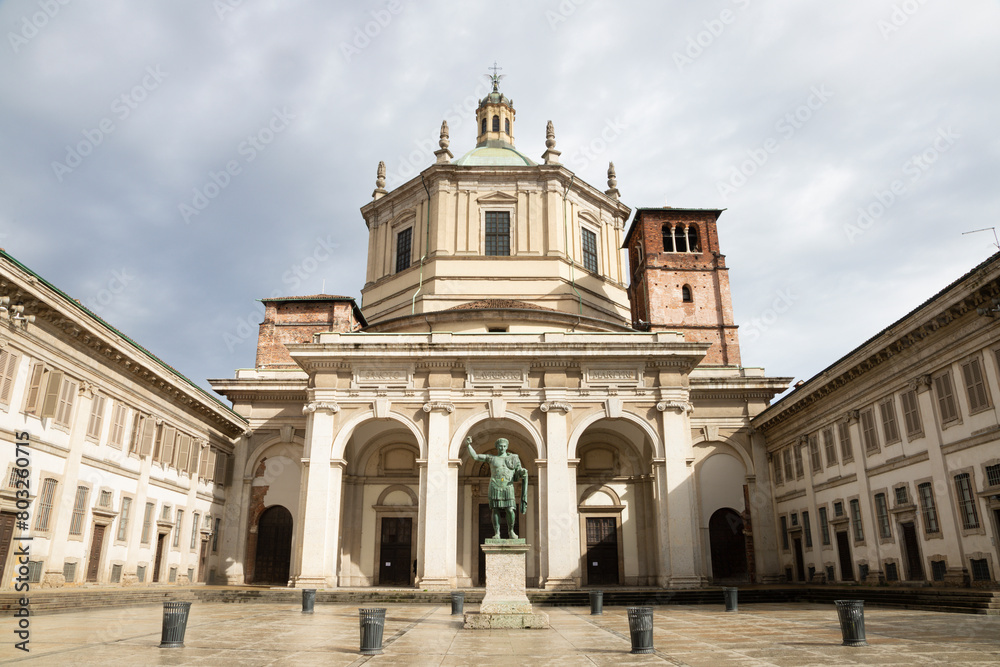 Milan - The church Basilica di Sant Lorenzo Maggiore with the statue of emperor Constantine.